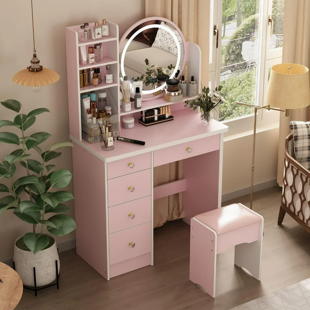 

Makeup Table with LED Illuminated Mirror, Makeup Dressing Table Set, with Soft Cushioned Stool, Drawers