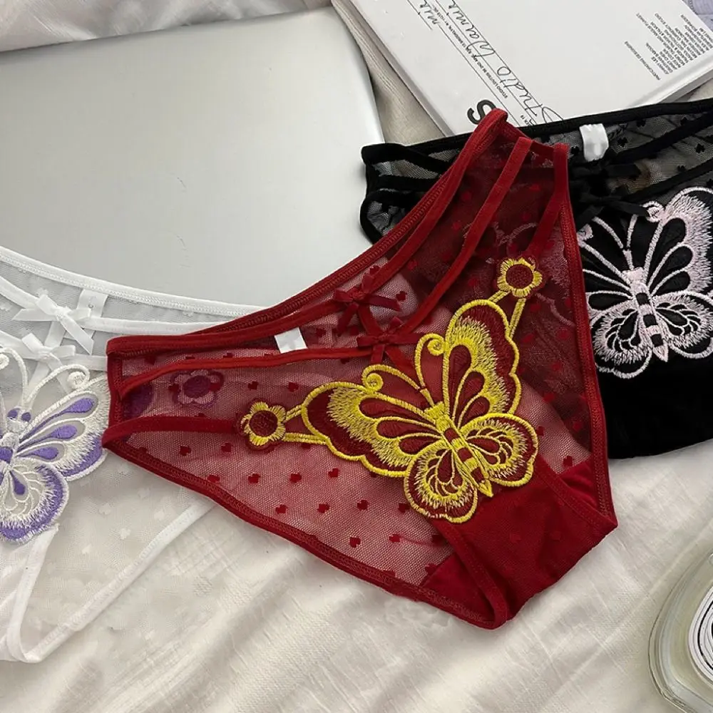 Low-Waist Mesh Hollow Lace Bowknot Briefs Transparent Seamless Butterfly Embroidery Bow Underpants Elastic Underwear