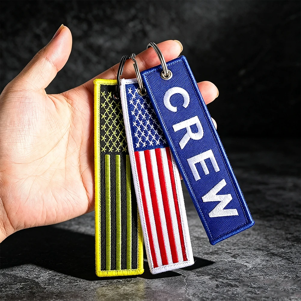 Embroidered Key Tag Keychain Double Sided Webbing Flag CREW Key Strap for Car Bag Pendant Perfect Gift for Aviation Staff Rider