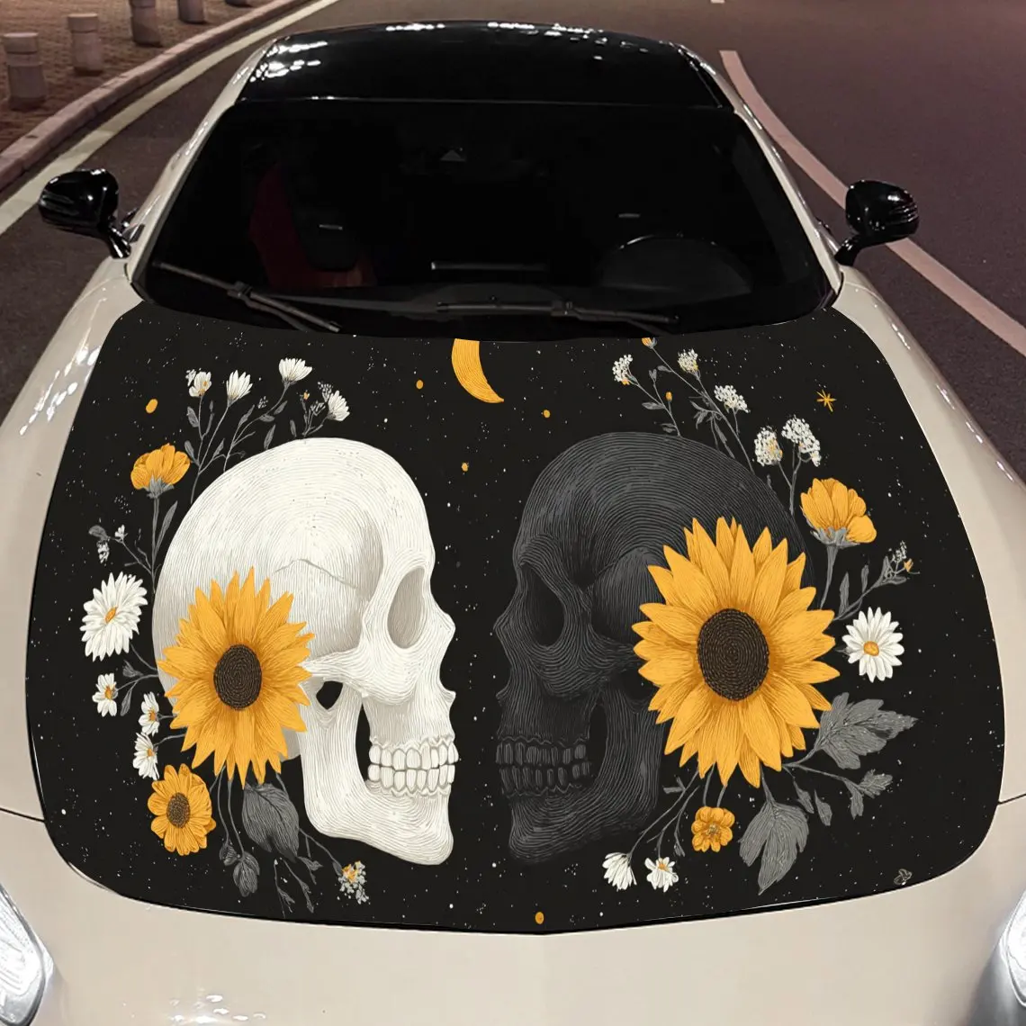

White Black Skull Flower Cool Car Hood Sticker PVC Self Waterproof Stick, Striking Auto Exterior Accessories Decor Protect Gift