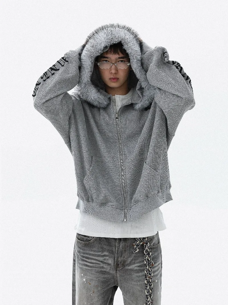 American Style Y2K Subculture Gothic Embroidered Fur Collar Cardigan Sweatshirt Youth Trendy Hooded Winter Coat Couple Matching