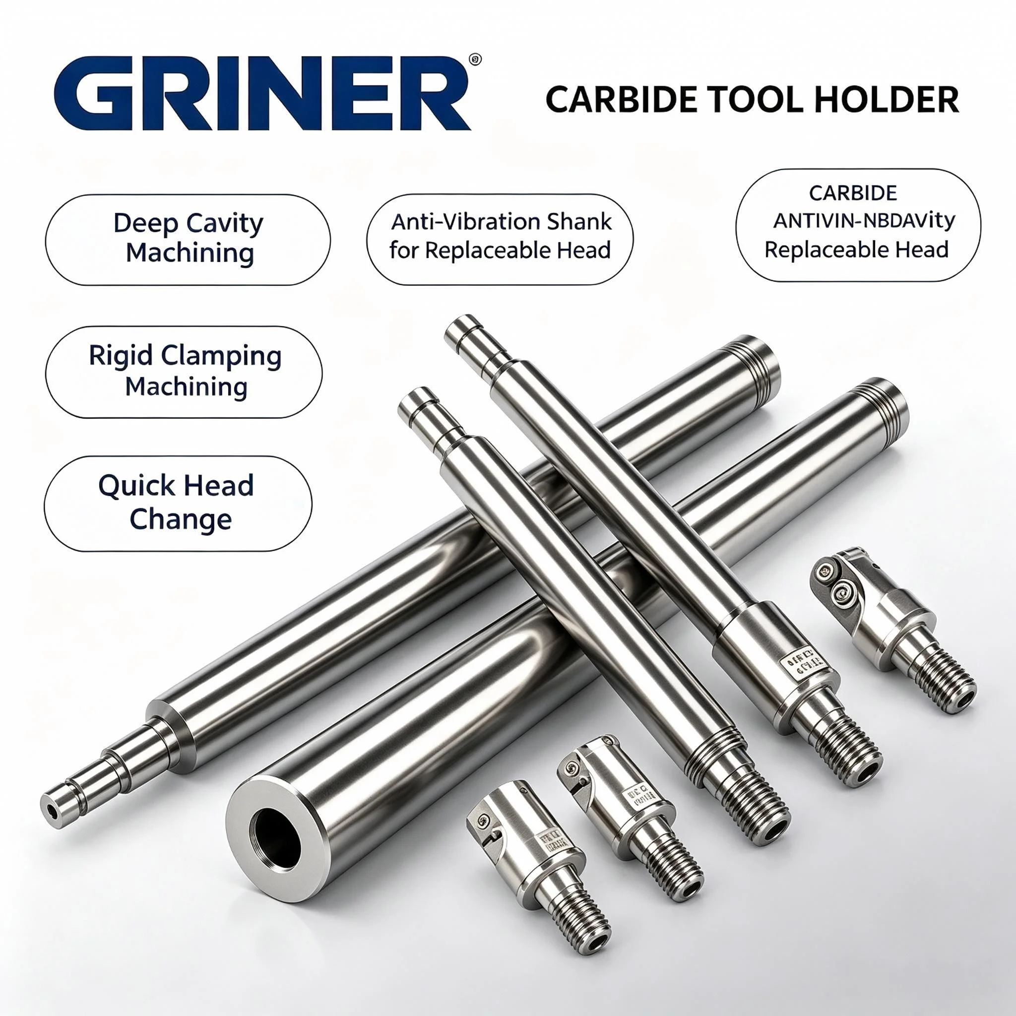 GRINER Solid Carbide Anti‑Vibration Tool Holder, Lock‑Thread Type Milling Extension Bar With Internal Thread Hole, Long Reach Fo