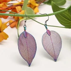 Colorful Unique Filigree Natural Real Leaf Earrings For Women Big Jewelry Wedding Long Drop Dangle Party Gift Pendientes Mujer