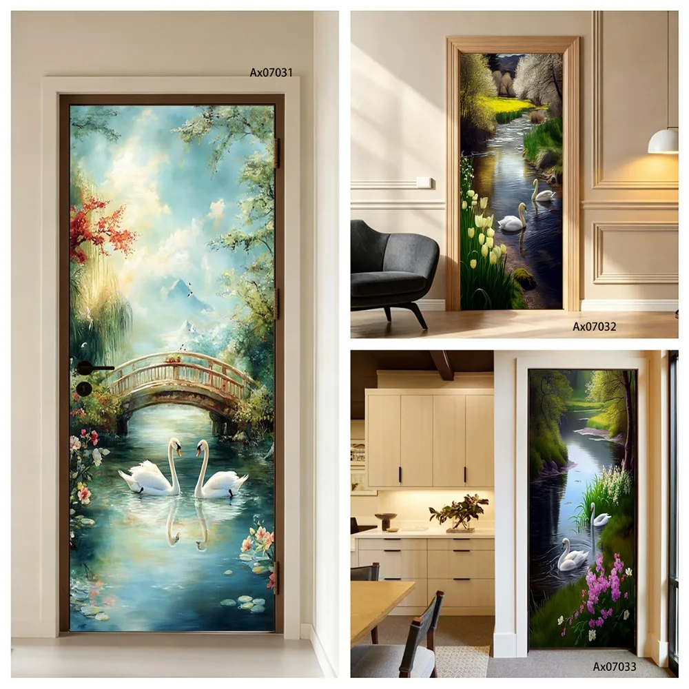 Romantic Pastoral Swan Stream Oil Painting Doors Sticker Full Door Wrap Wallpaper Customize Home Decoration Poster Stickers