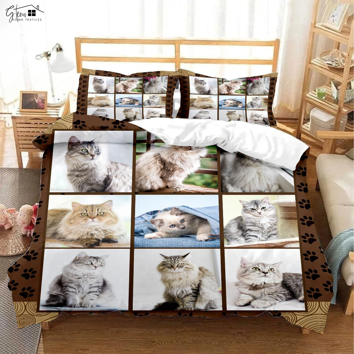 

Japanese Style Cute And Funny Cat Print Duvet Cover Bedding Set Quilt Cover Pillowcase Three-Piece Set Machine Washable