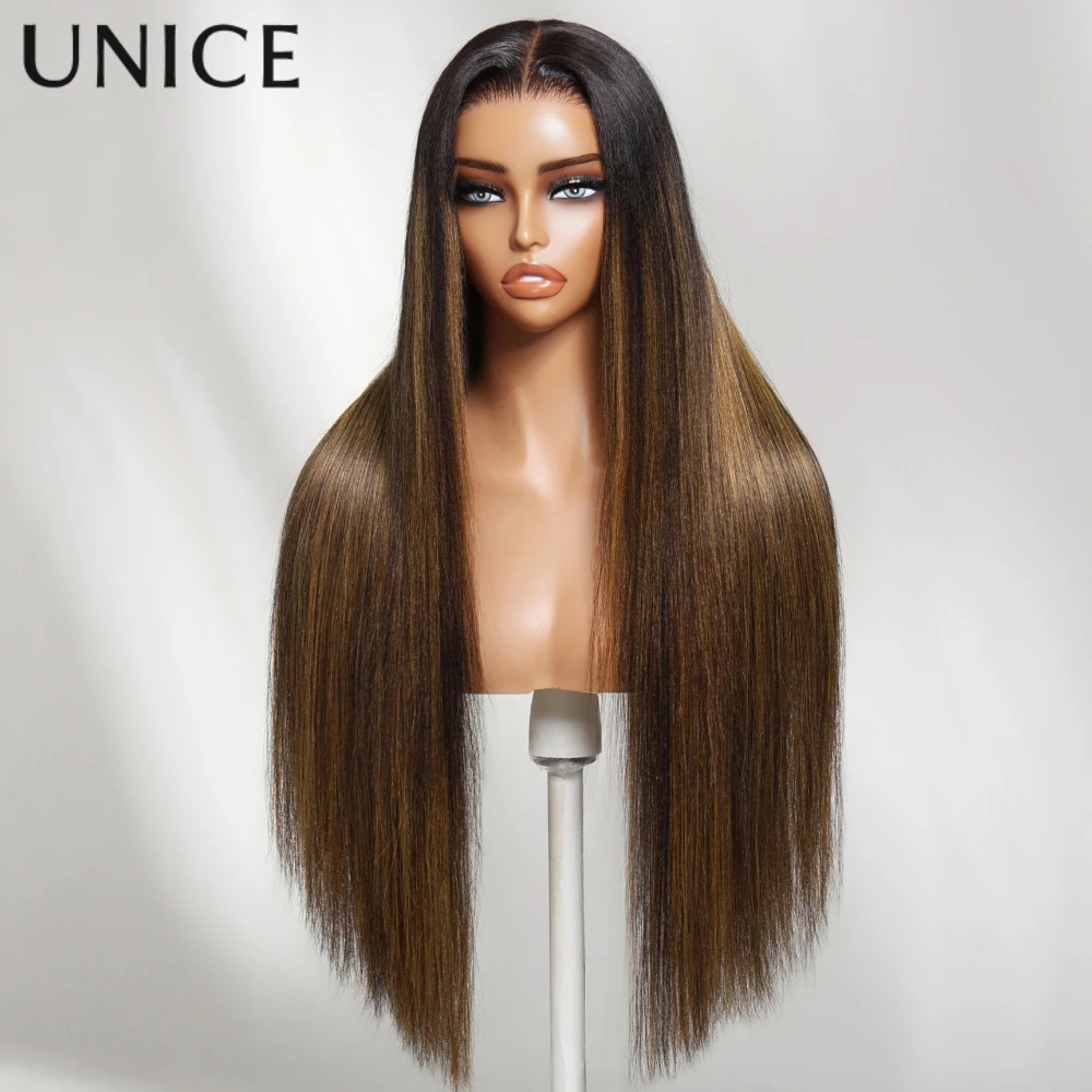 يونيس 13x4 ما قبل كل شيء ™   باروكة أمامية من الدانتيل يسلط الضوء على شعر مستعار ياكي مستقيم مع رباط شعر مستعار بدون صمغ مبيض مسبقًا