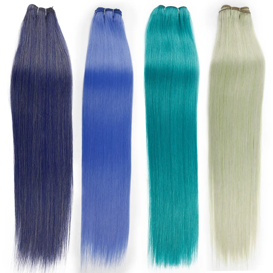 Estensioni dei capelli lisci Tessitura sintetica per capelli Ombre lisci 26 pollici Fasci di capelli lisci sintetici blu completi fino alla fine