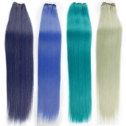 Imagen 2 del producto Extensiones de cabello liso, pelo sintético liso ombré tejido de 26 pulgadas, mechones de pelo liso sintético azul completo hasta el extremo