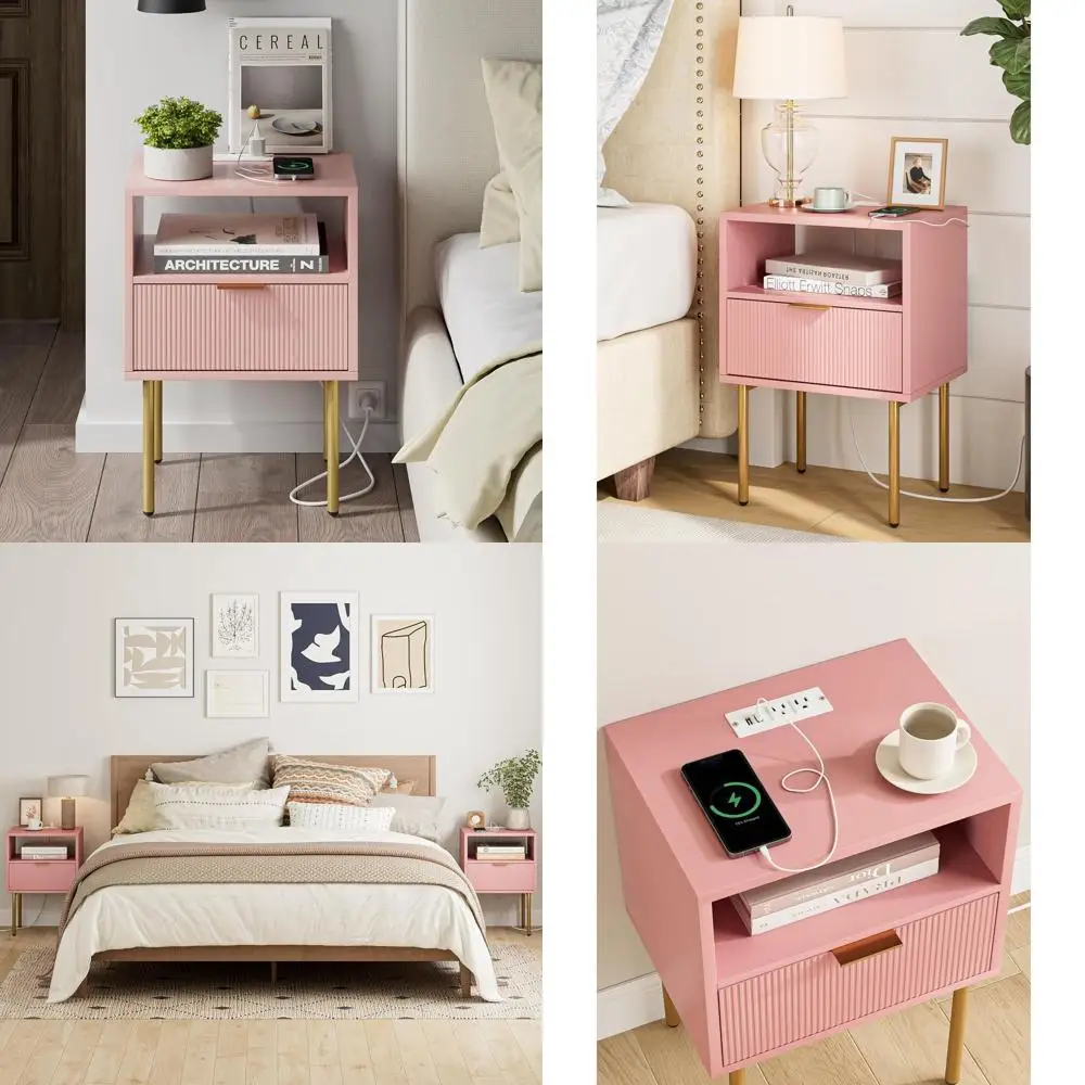 

Современная тумбочка середины века с зарядкой, хранилищем и открытой полкой — розовая спальня/гостиная