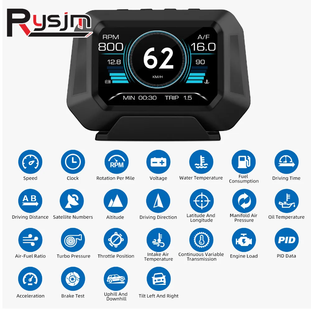 P21 HUD Car Head Up Display Digital Clock Slope Meter GPS Speedometer OBD2 On Board Computer Diagnostic Tools Instrument Tester