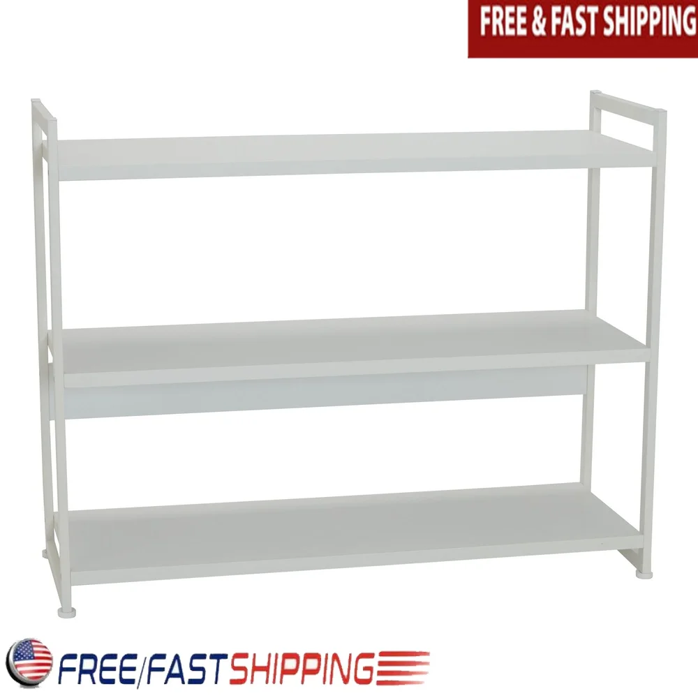 

Wide 3 Tier Open Storage Bookshelf Modern Engineered Wood and Metal Frame Freestanding Adjustable Shelves Home Office Display