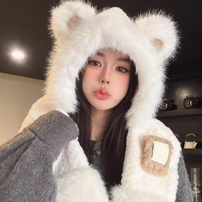 31BF Plush Bear Ear Hooded Scarf Hat Faux Rabbit Furs Trapper Hat For Women Girls