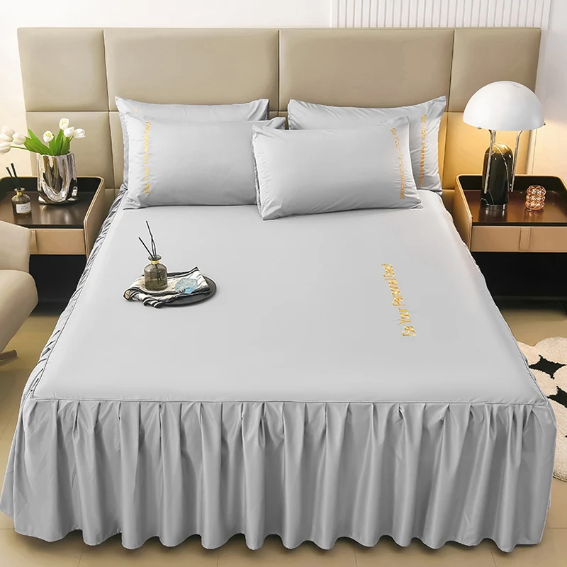 Simple Solid Color Bed Skirt Set Skin-friendly Soft Silky Bedspread with Elastic Band Non-slip Mattress Cover 3Pcs Bedding Set