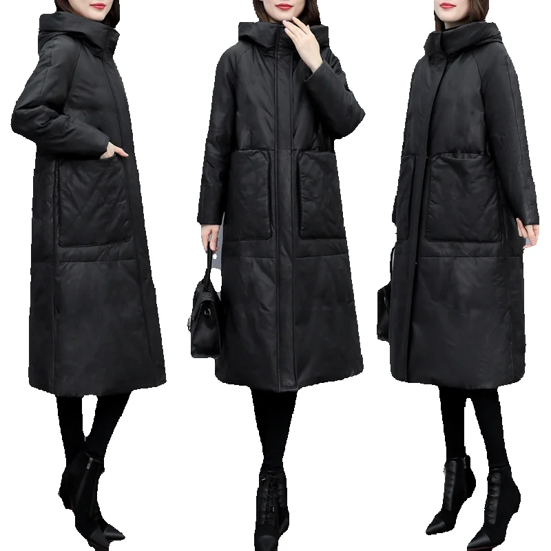 

Seasonal New Women's Hooded Loose Leather Sheepskin Thickened Long Knee Length Jacket