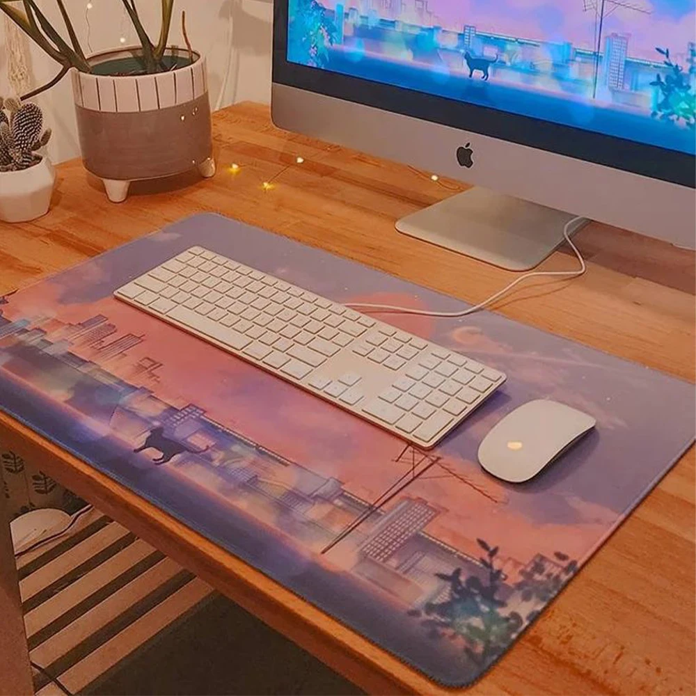 Kawaii Pink Cloud Mausepad Cat Desk Mat,Sleeping Cats Gaming Laptop Mouse Pad, Large Cute Keyboardt Non-Slip Gaming Deskpad Gift