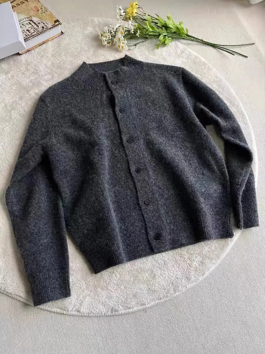 Kardigan Rajut Pria 2026 Spring Cleanfit Kasual Kardigan Rajut Pria Warna Kopi Kerah Mock Neck Sweater Musim Gugur Outerwear