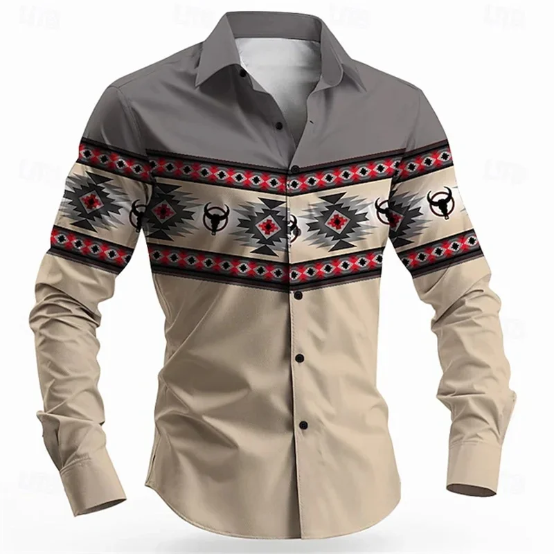 Men's Long-Sleeved Shirt, Western Ethnic Style Geometric 3DPattern Printed Shirt, Vintage Long-Sleeved Lapel Shirt for Men.