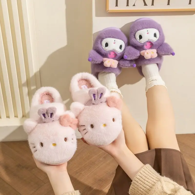 Pantoufles en coton Anime Sanrios, chaussures parent-enfant de dessin animé, pantoufles d'intérieur chaudes pour la maison, mignon Kuromi Cinnamoroll, automne et hiver