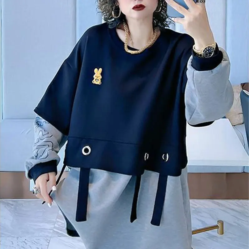 Casual Korean Loose Patchwork Pullovers Spring Autumn New Letter Fake Two Pieces Women\'s Clothing Fashion Embroidery Sweatshirts