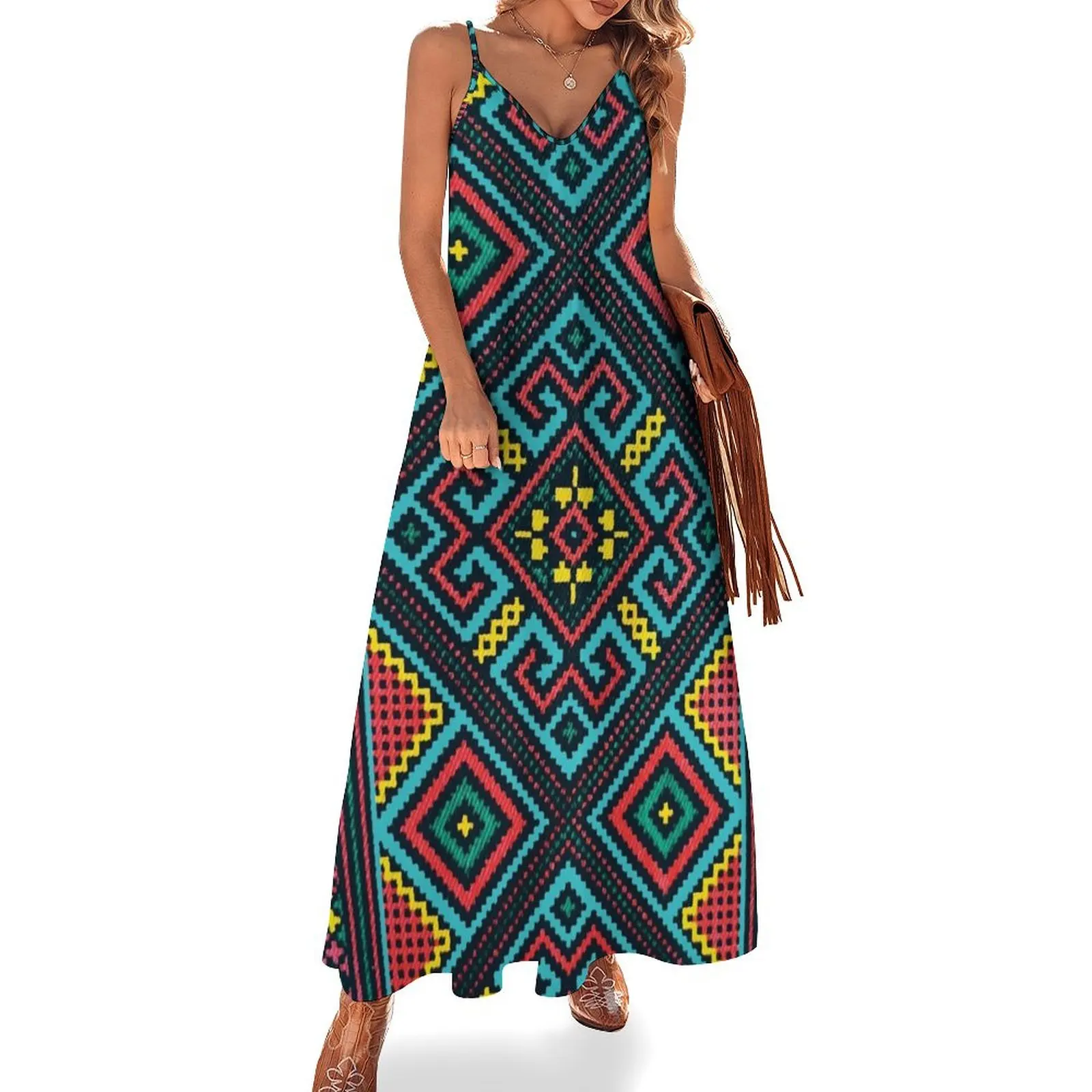 Bright boho pattern, Bohemian teal kilim geometrical pattern Sleeveless Dress women party dresses Women's summer dresses