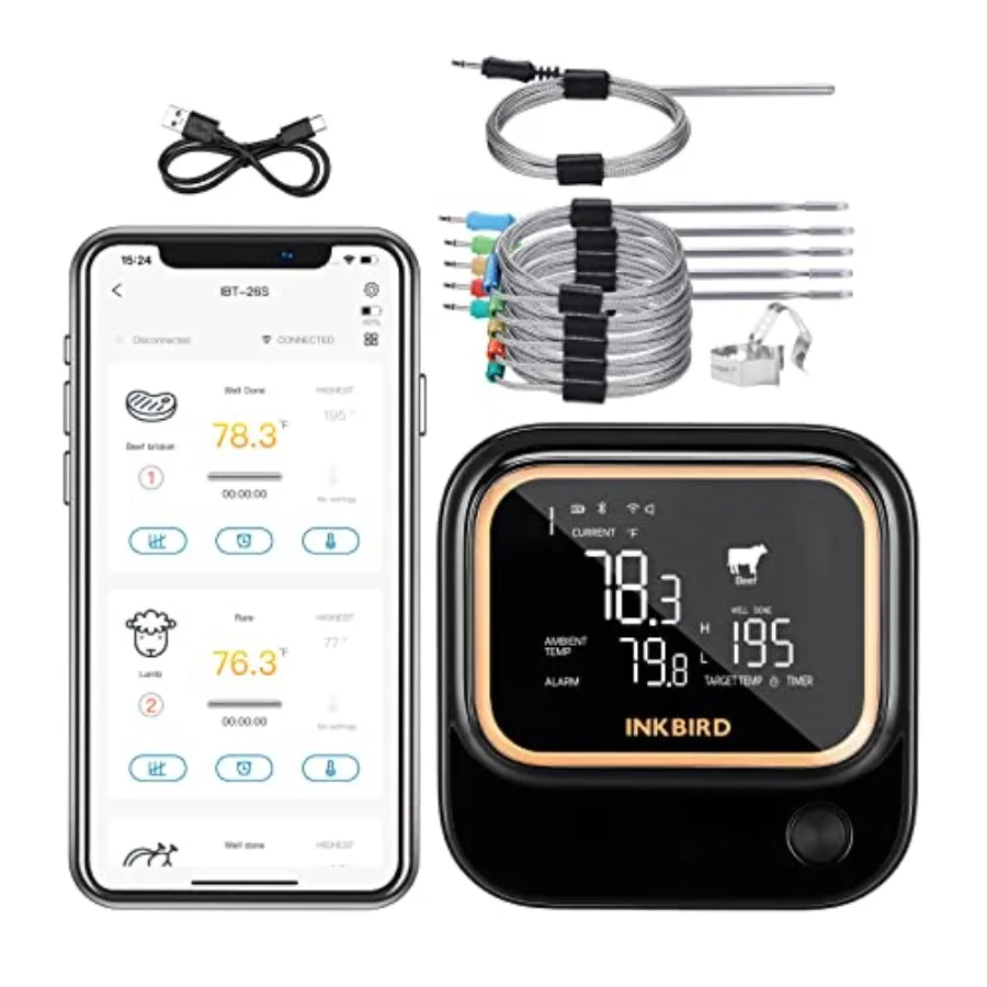 5GHz/2.4GHz WiFi Bluetooth 5.1 Meat Thermometer 6 Probes WiFi Meat Thermometer for Smoking Grilling Wireless Meat Probe for BBQ