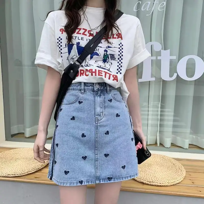 Cutie Sweet Pink Heart Denim Skirt Women 2024 Chic Front Button Up Mini Skirts School Girl Fashion High Waist a Line Jeans Skirt
