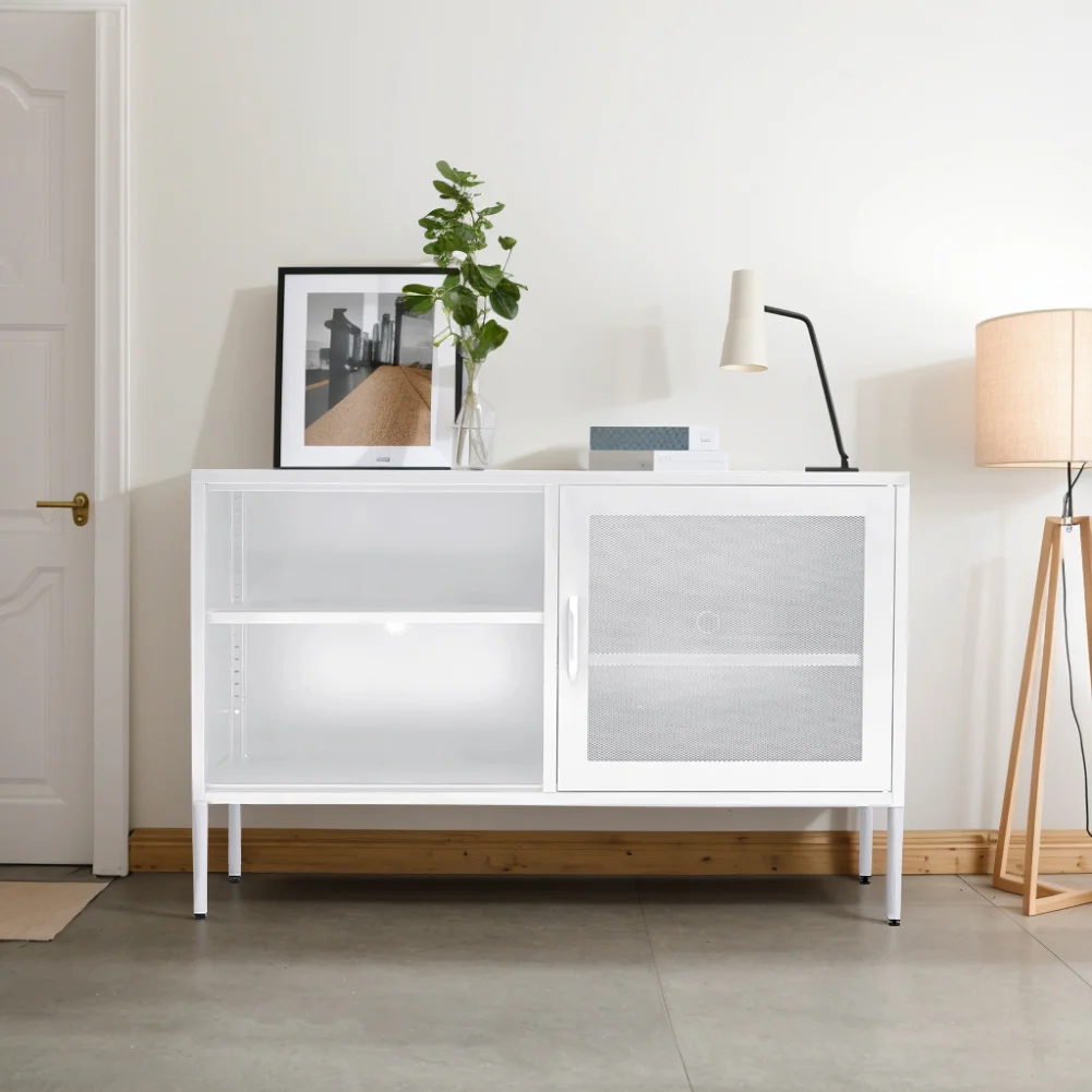 Metal Storage Sideboard Cabinet TV Stand, White 119cm W x 40cm D x 78cm H