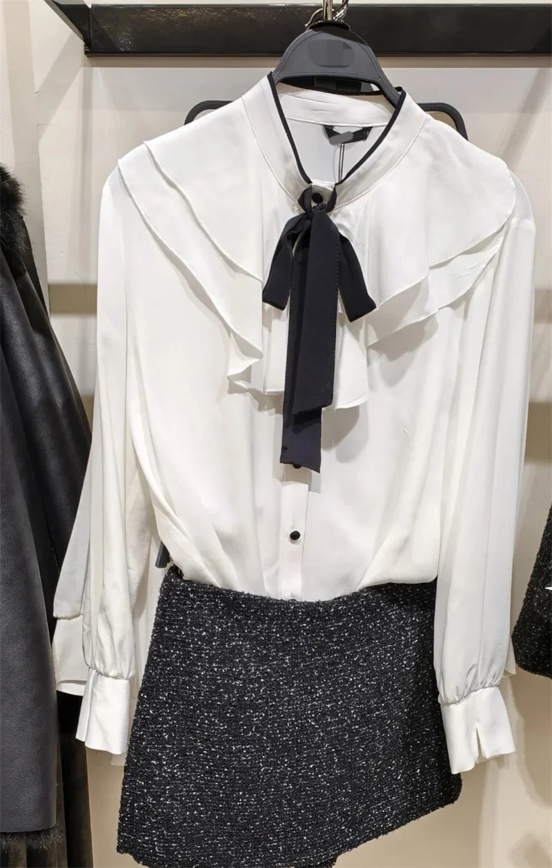 Blusa blanca Ropa De Mujer Camisas sueltas con lazo De manga larga 2025 Blusas Mujer De Moda cuello vuelto Blusas De moda Vintage Tops