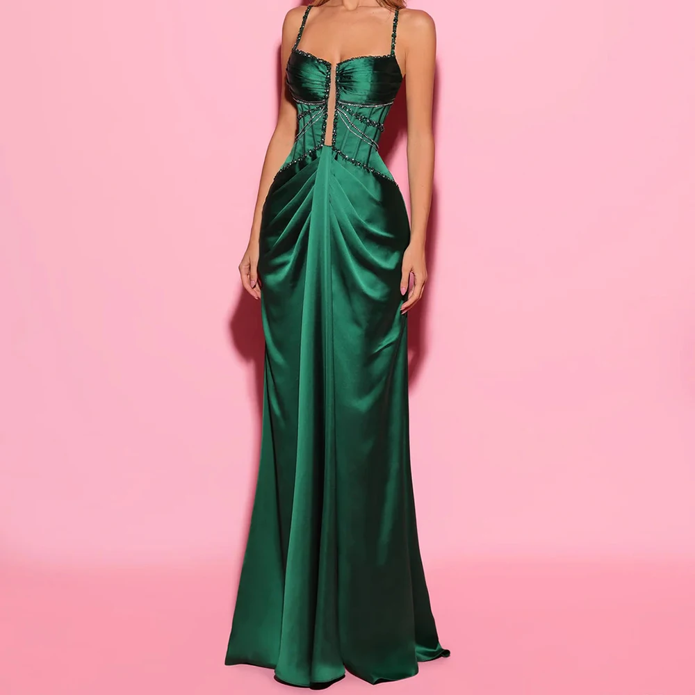 

A-line Women's Evening Dresses Floor-length Spaghetti Strap Sleeveless Prom Gown Fashion Sequined Simple Draped Customized Gowns