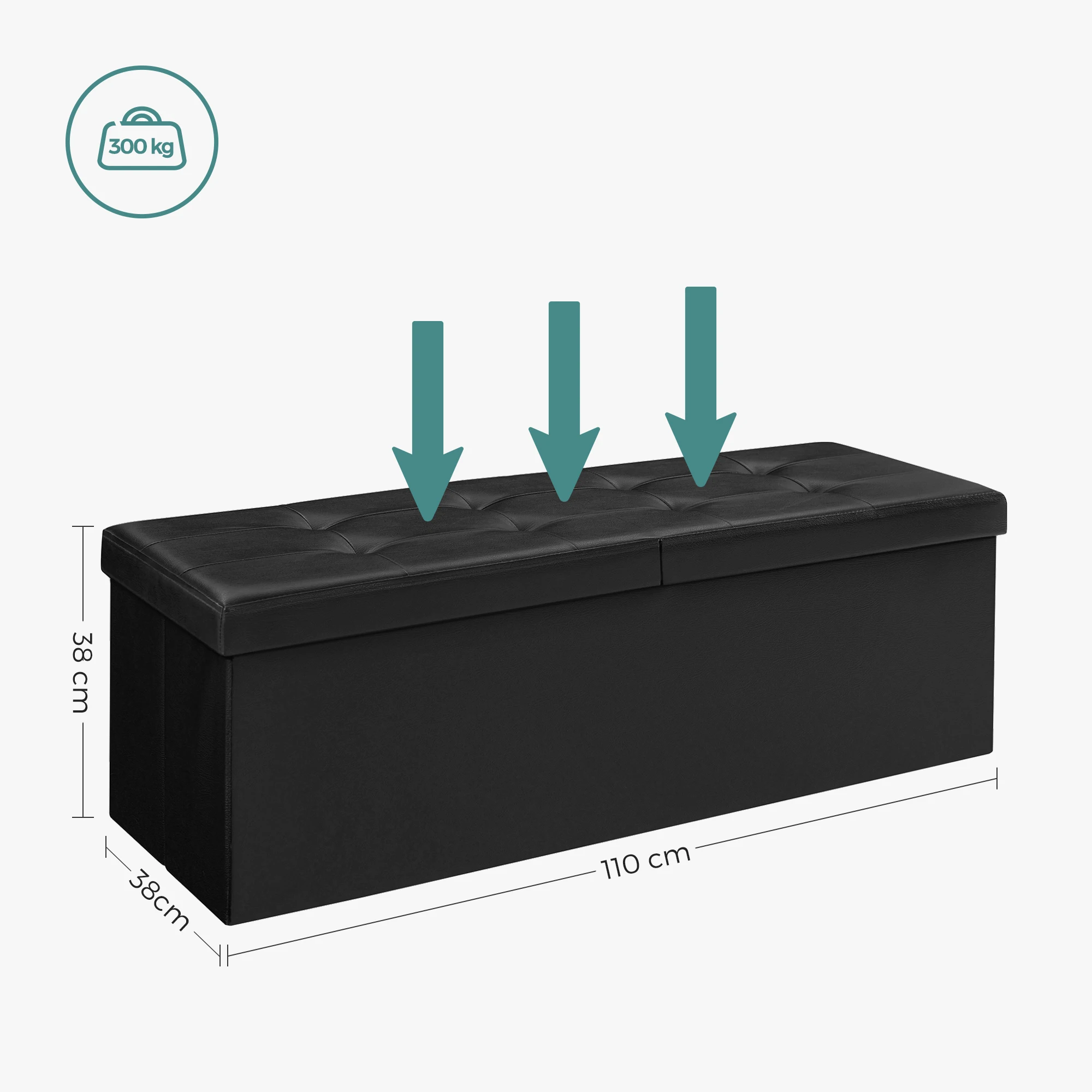 SONGMICS Folding Storage Bench: 110 x 38 x 38 cm, 120L volume, 300 kg static load. Doubles as stool, bed end.