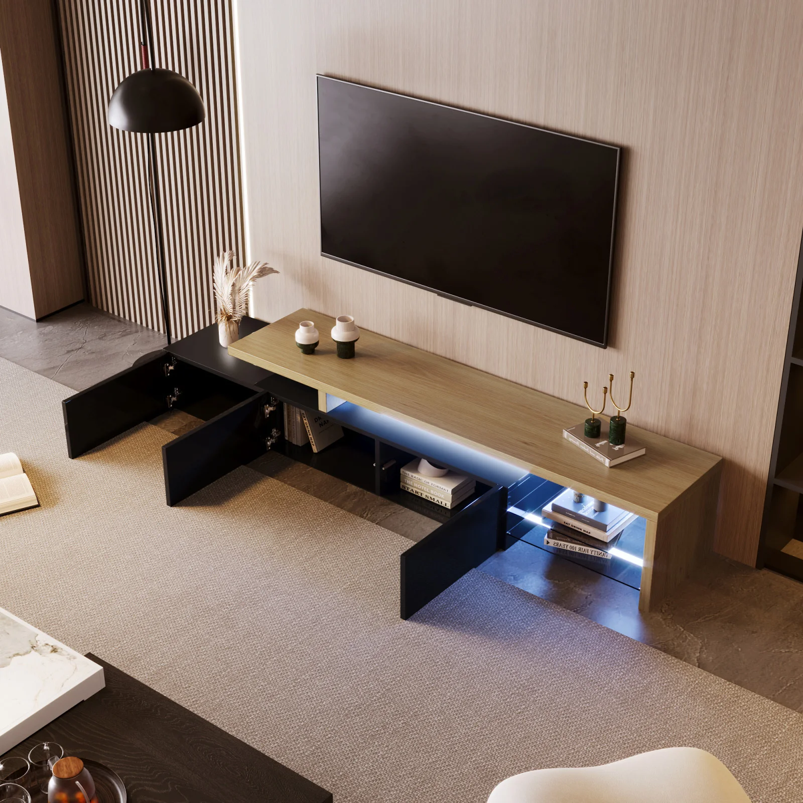 Meuble TV moderne Fangange en MDF E1 avec étagères vitrées, multiples compartiments de rangement, style asymétrique blanc bois pour salon