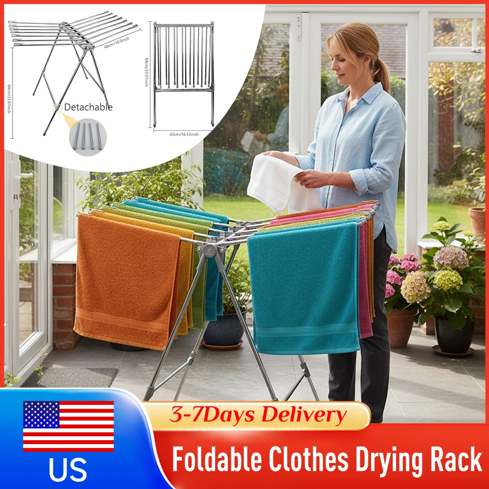 

Stainless Steel Foldable Clothes Drying Rack Height Adjustable Floor Stand Towel Rack for Balcony Outdoor Laundry Shelf Supplies