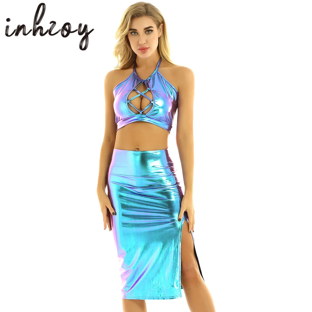 

Women Glossy Clubwear Shiny Metallic Holographic Pole Dance Clothing Rave Festival Halter Crop Top Bra Vest+Pencil Skirt Outfit