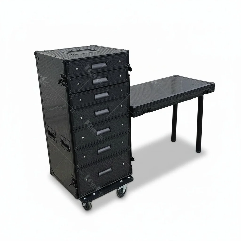 

ATA Flight Case with 7 Utility Drawers, 9mm Plywood Road Case, Portable Mobile Workstation Case with Tables and 4 inch Casters