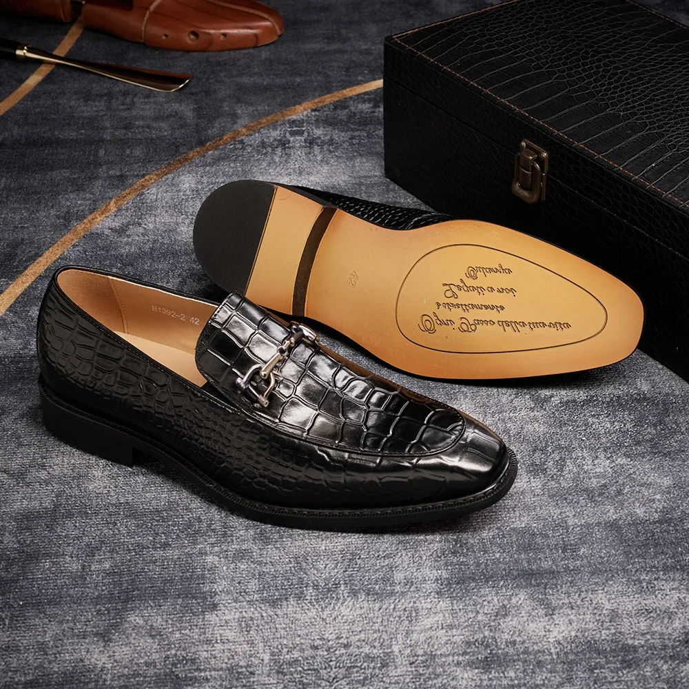 Formal Men's Oxford Shoes Pointed Toe Wedding Shoes Metal Buckle Genuine Leather Crocodile Pattern Men's Business Dress Shoes