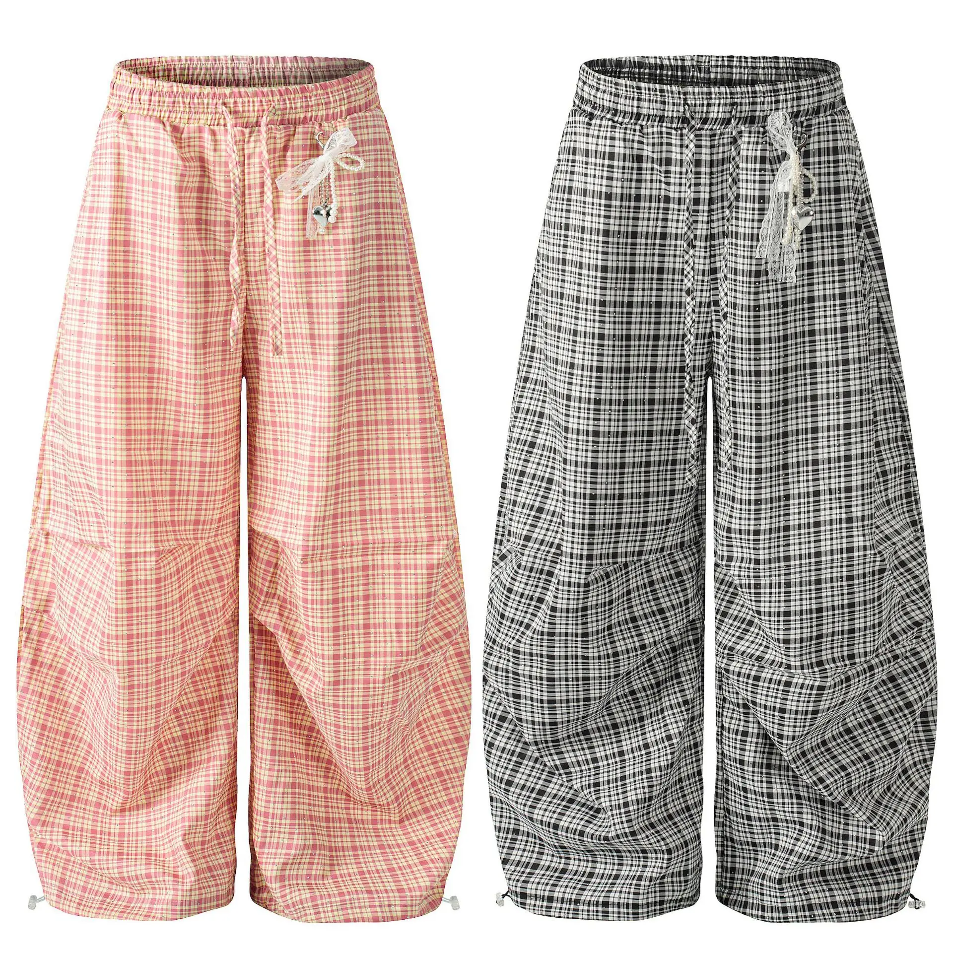 MWJLPWQ American-Style Rhinestone-Embellished Plaid Casual Pants Women Spring Autumn Relaxed Loose Drapey Wide-Leg Pants 16989