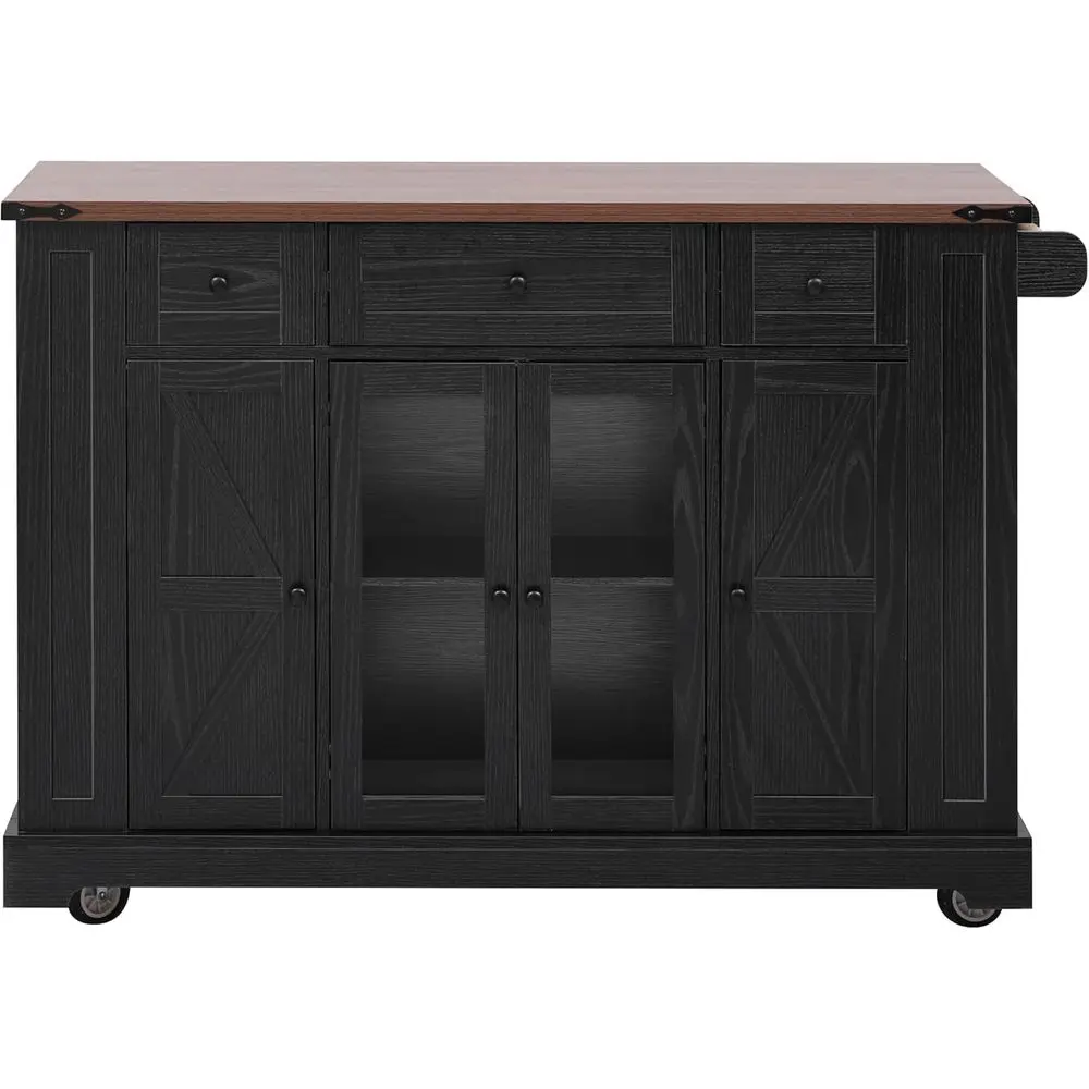 

Wooden Kitchen Island with Power & Glass Cabinets, Rolling Cart with Drop Leaf, 5 Racks for Dining