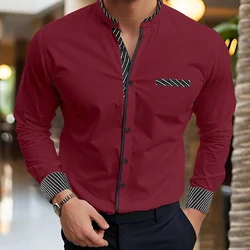 Men's Shirts Stand Collar Shirts Summer Formal Button Shirts Casual Shirts Red Long Sleeve Pocket Stripe Holiday Shirts 6XL