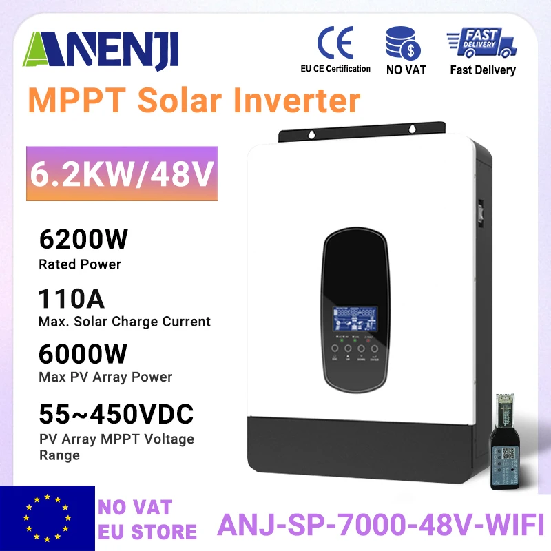 ANENJI 6,2KW 48V Hybrid-Solarwechselrichter 6200W mit integriertem 110A MPPT Reiner Sinuswellen-Solarladeregler PV 55-450VDC mit WLAN