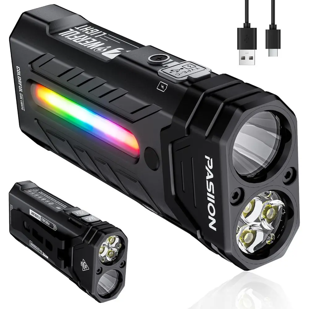 

EDC Rechargeable lashlight 3250 Lumens with RGB Light,55 es Multiunctional lat lashlight with loodlight,Spotlight and Magnetic B