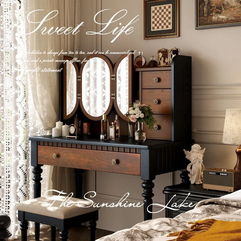 French retro all-solid wood dresser American home bedroom small apartment storage desk makeup table integrated cabinet