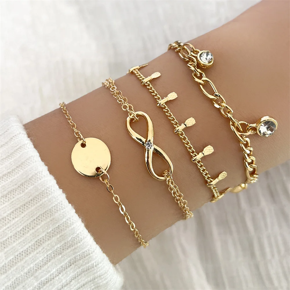 Gold Color Bracelet Set of Four Stainless Steel Sequins Rhinestone Bracelet Combination for Women Chain Bracelet Jewelry Gifts