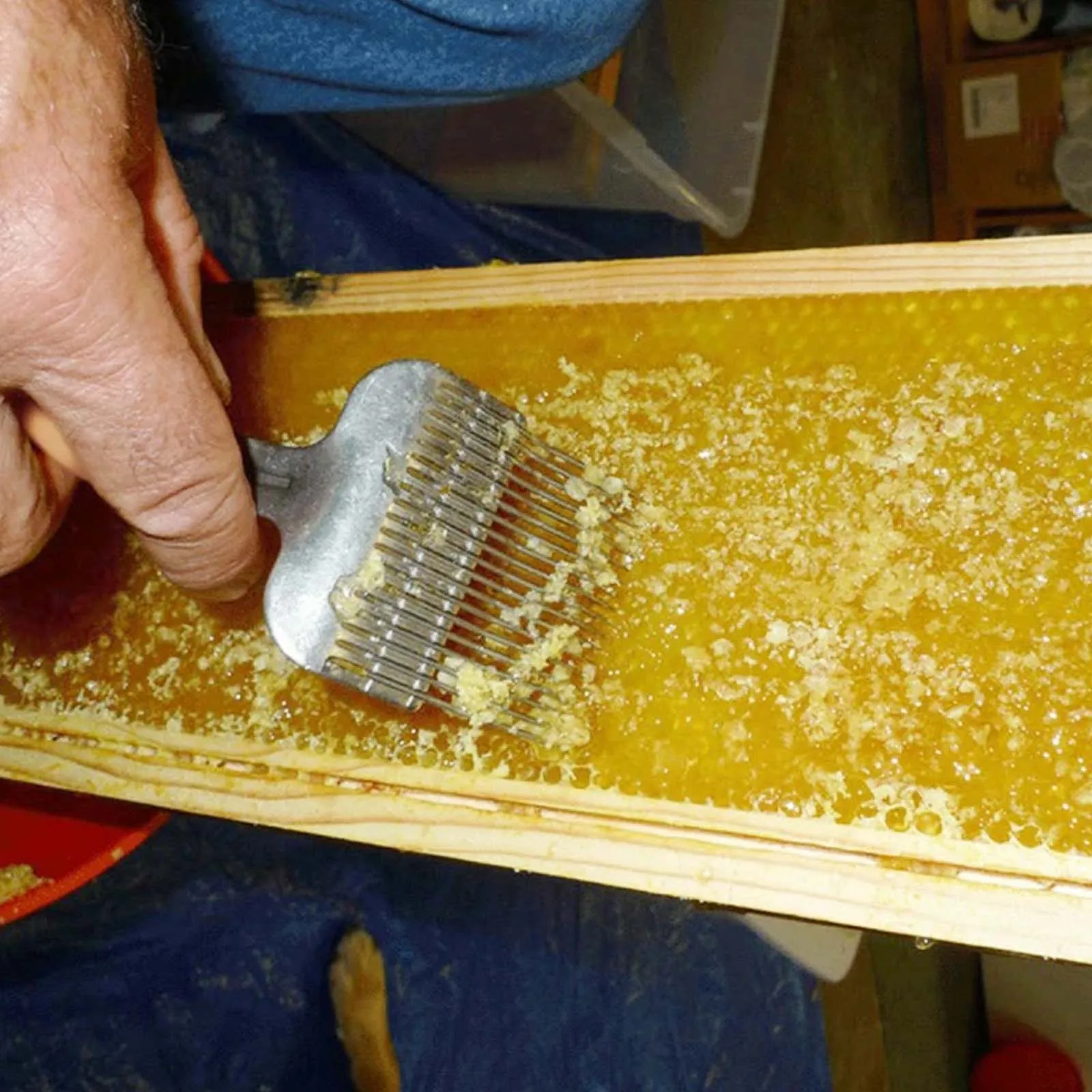 مشط تفريغ العسل من الفولاذ المقاوم للصدأ مكون من 17 دبابيس، مقبض خشبي لمربي النحل وشوك قطع العسل الأساسية