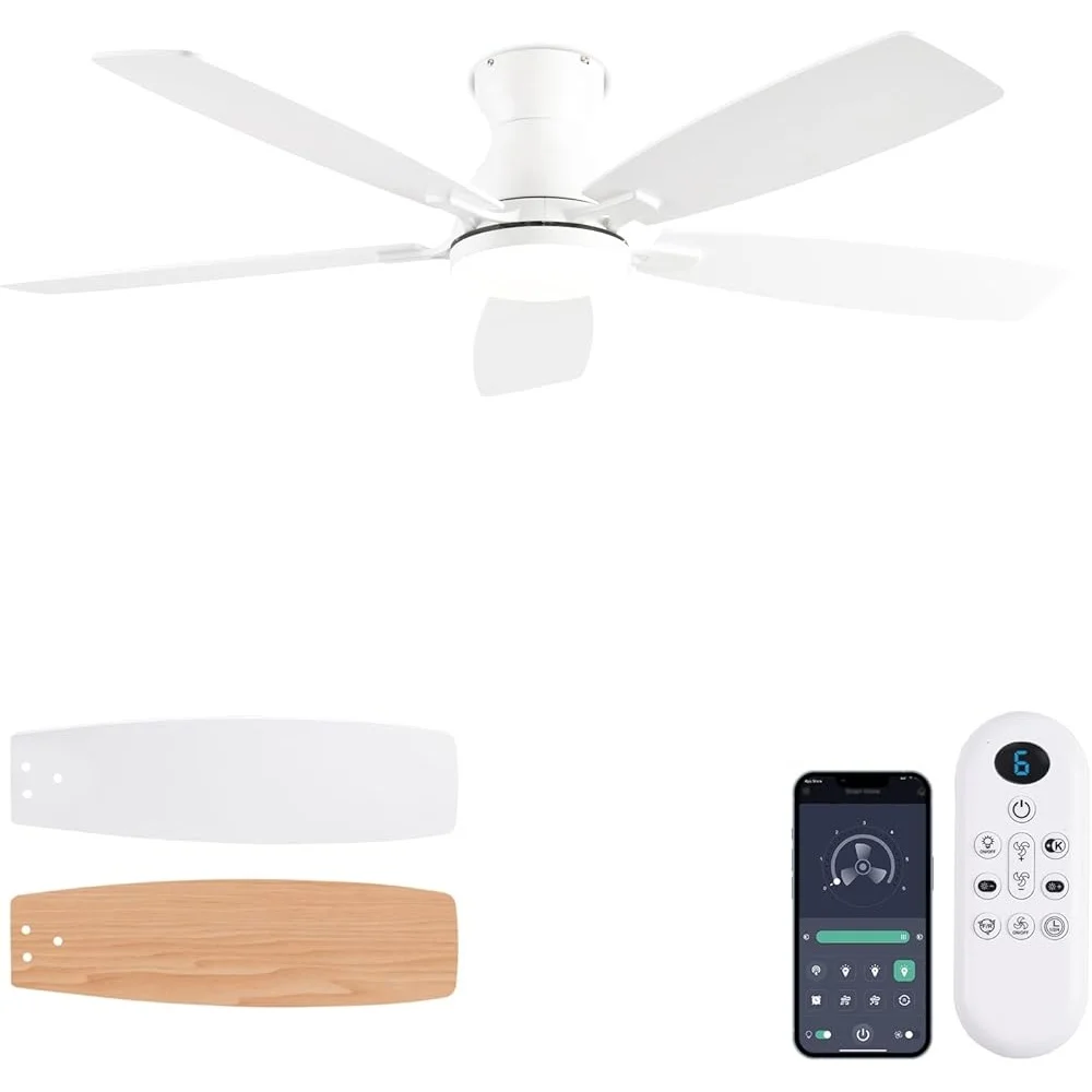 พัดลมเพดานขนาด 52 นิ้วโปรไฟล์ต่ําพร้อมไฟ LED รีโมทคอนโทรลมอเตอร์ DC การทํางานที่เงียบสงบห้องนั่งเล่นห้องนอนแบบพลิกกลับได้