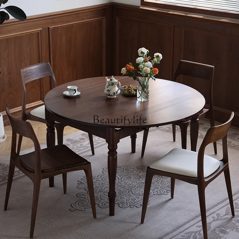 

LJY*North American black walnut solid wood round table American retractable dining table retro furniture home