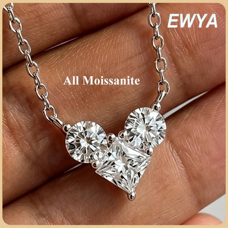 EWYA 3-Stone Princess Round Cut All Moissanite Pendant Necklace for Women S925 Silver Heart Shape Lucky Party Neck Chain Gift