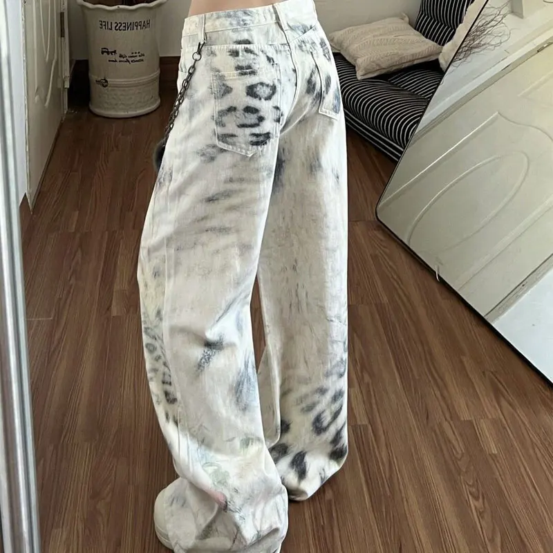 Women White Leopard Print Wide Leg Jeans Vintage Wash Loose Baggy Denim Trousers Autumn Fashion Tie Dye Streetwear Casual Pants