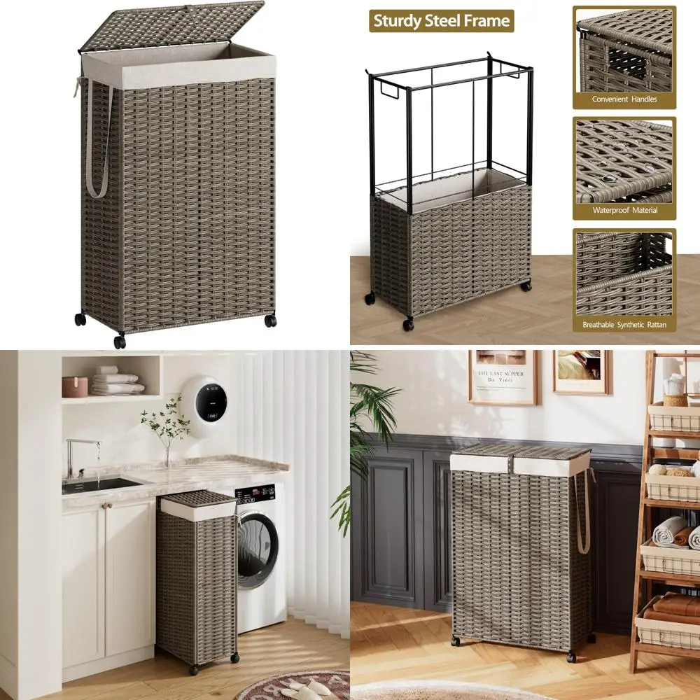 

Корзина для белья на колесиках с крышкой и емкостью 90 литров, складная корзина из ротанга для сортировки одежды