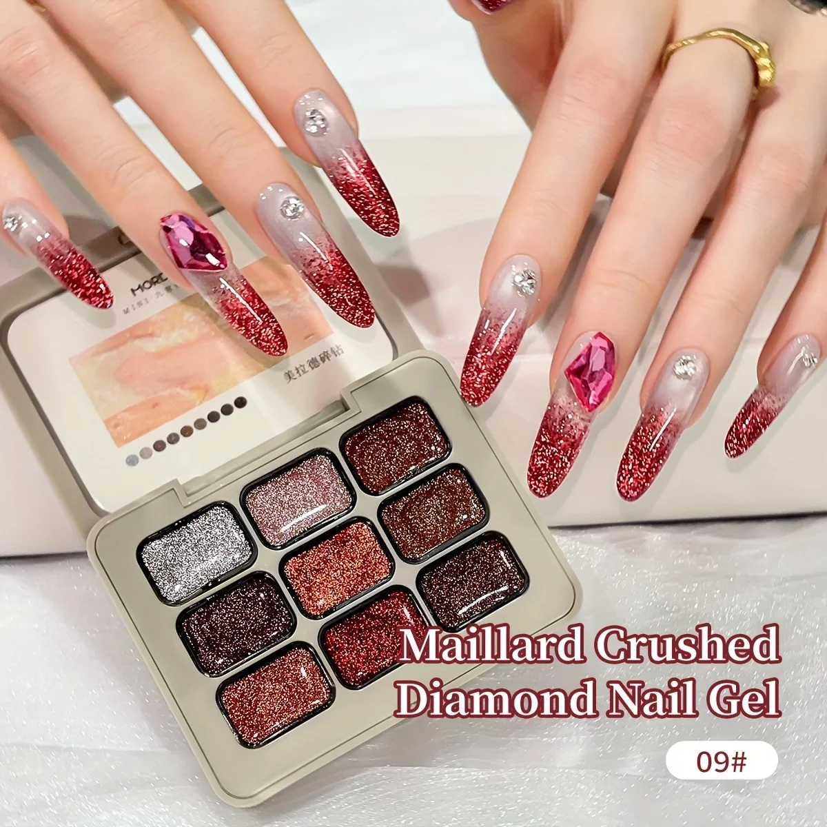 Gel per unghie con diamante schiacciato Maillard da 9 pezzi - Smalto gel glitterato da nudo a rosso scintillante per nail art, Soak Off UV LED Nail Gel Salon