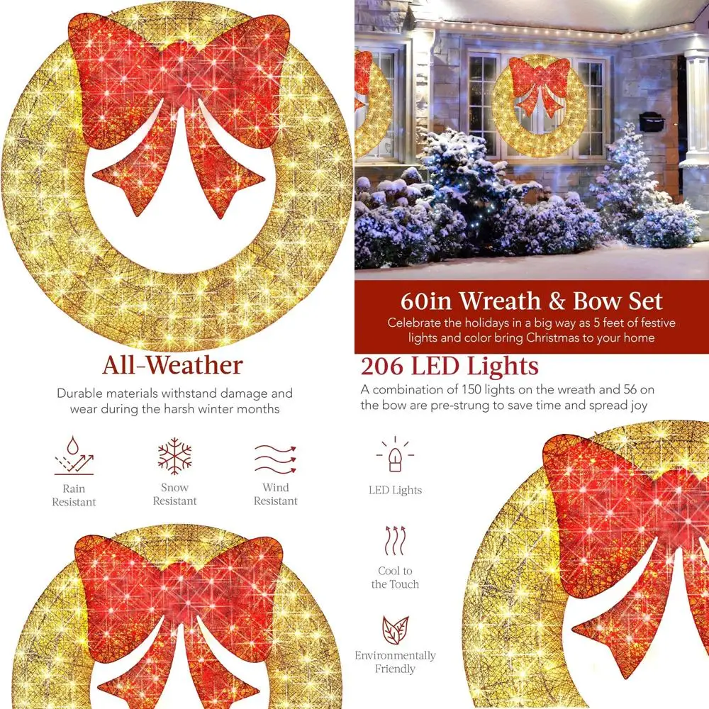 

60-inch Pre-lit Outdoor Christmas Wreath with LED Lights, Gold and Red Bow for Home and Garden Decor
